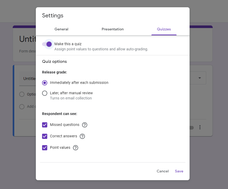 Google Forms Quiz Settings