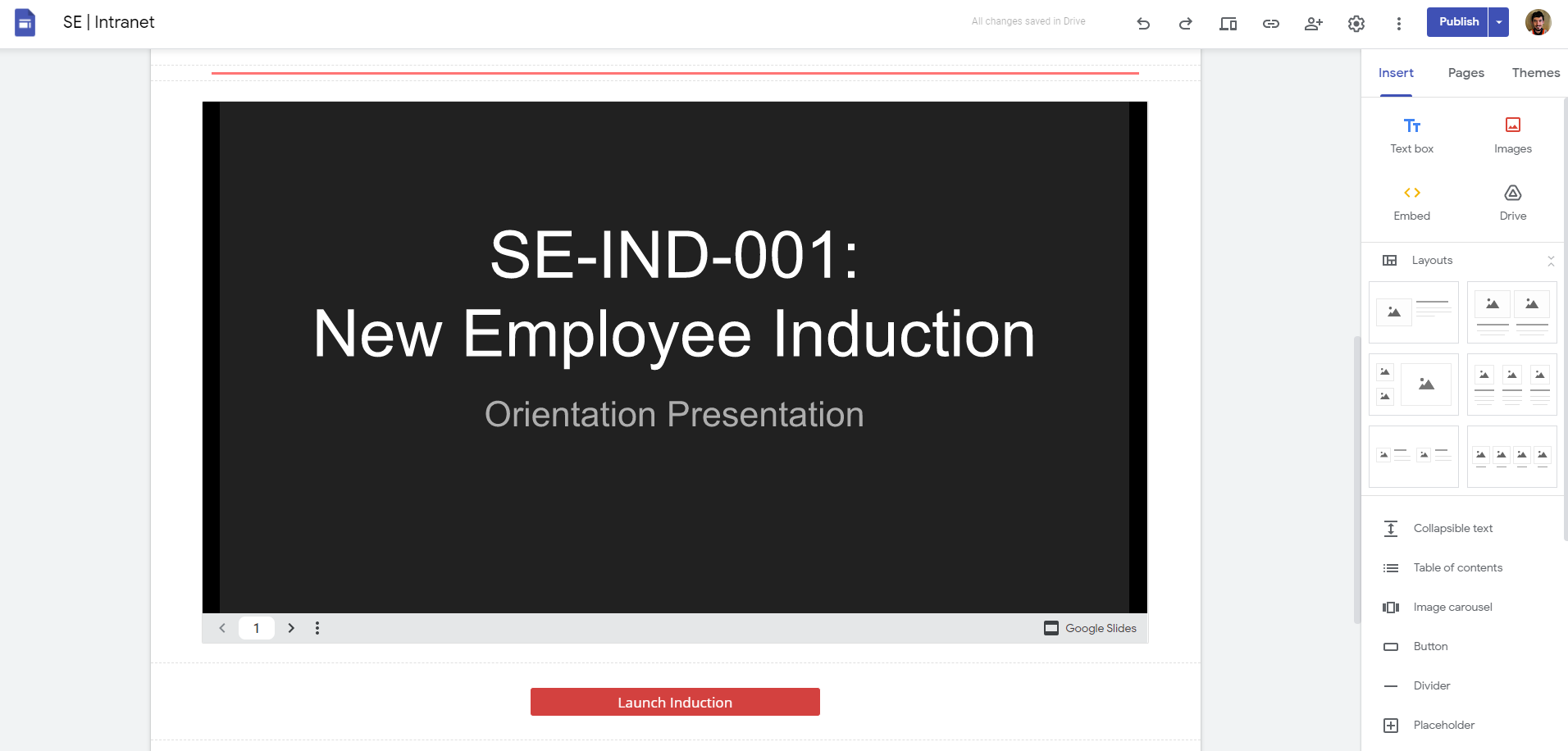 Google Sites – Emebedding Induction Portal
