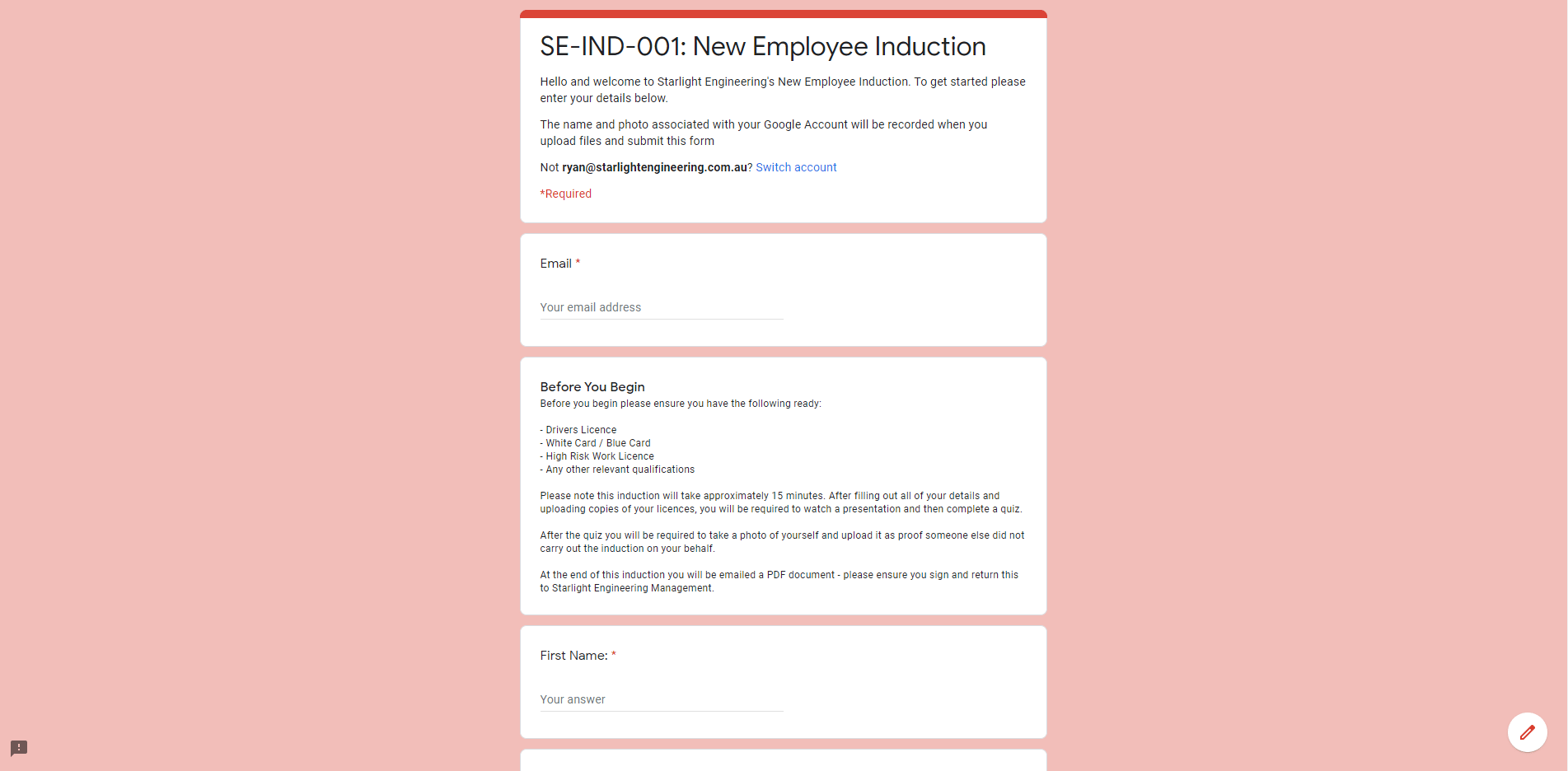 Induction Example Form