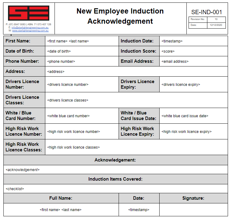 Starlight Engineering Induction Acknowledgement Template