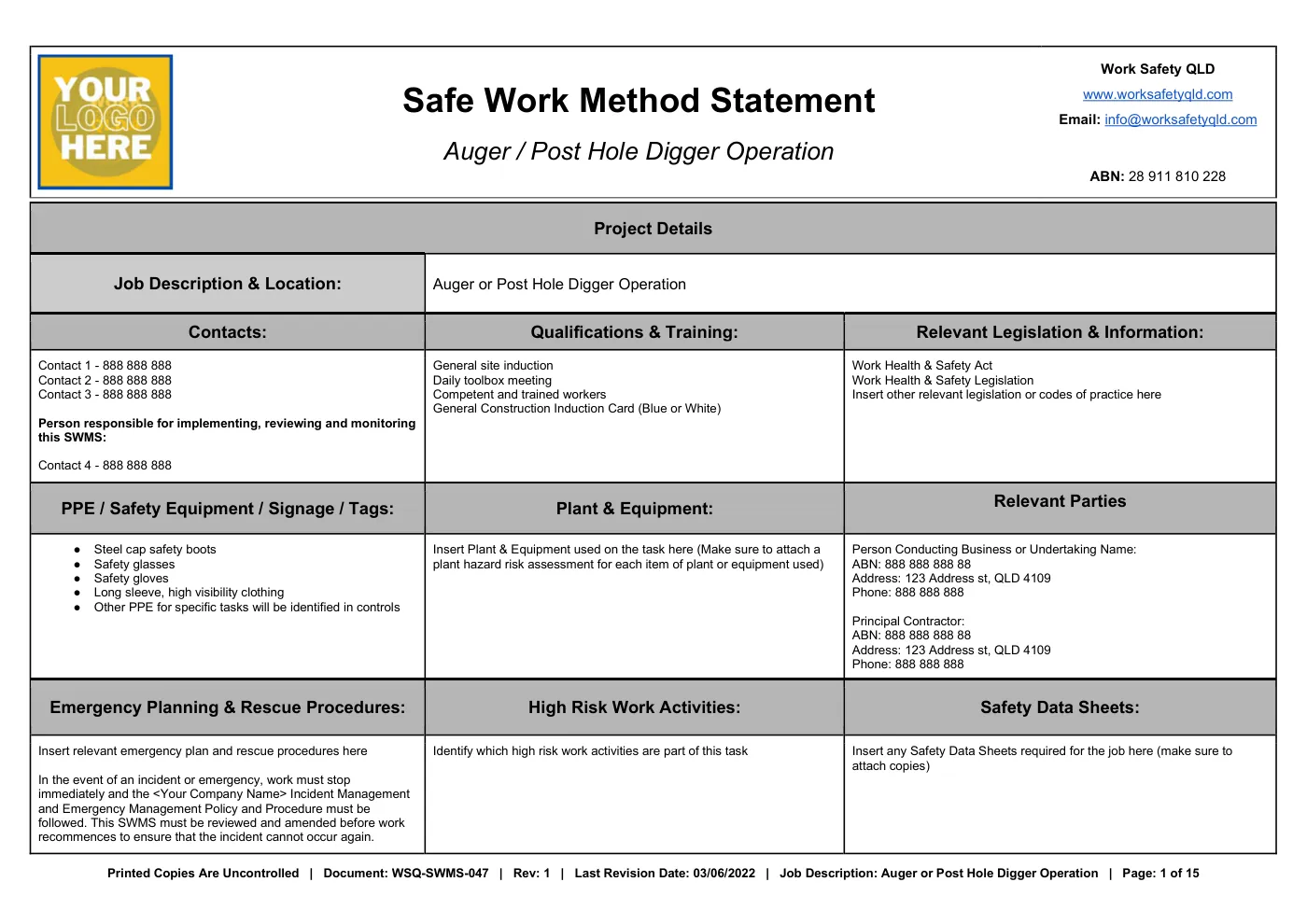 Safe Operation of Auger or Post Hole Digger SWMS: sample page 1