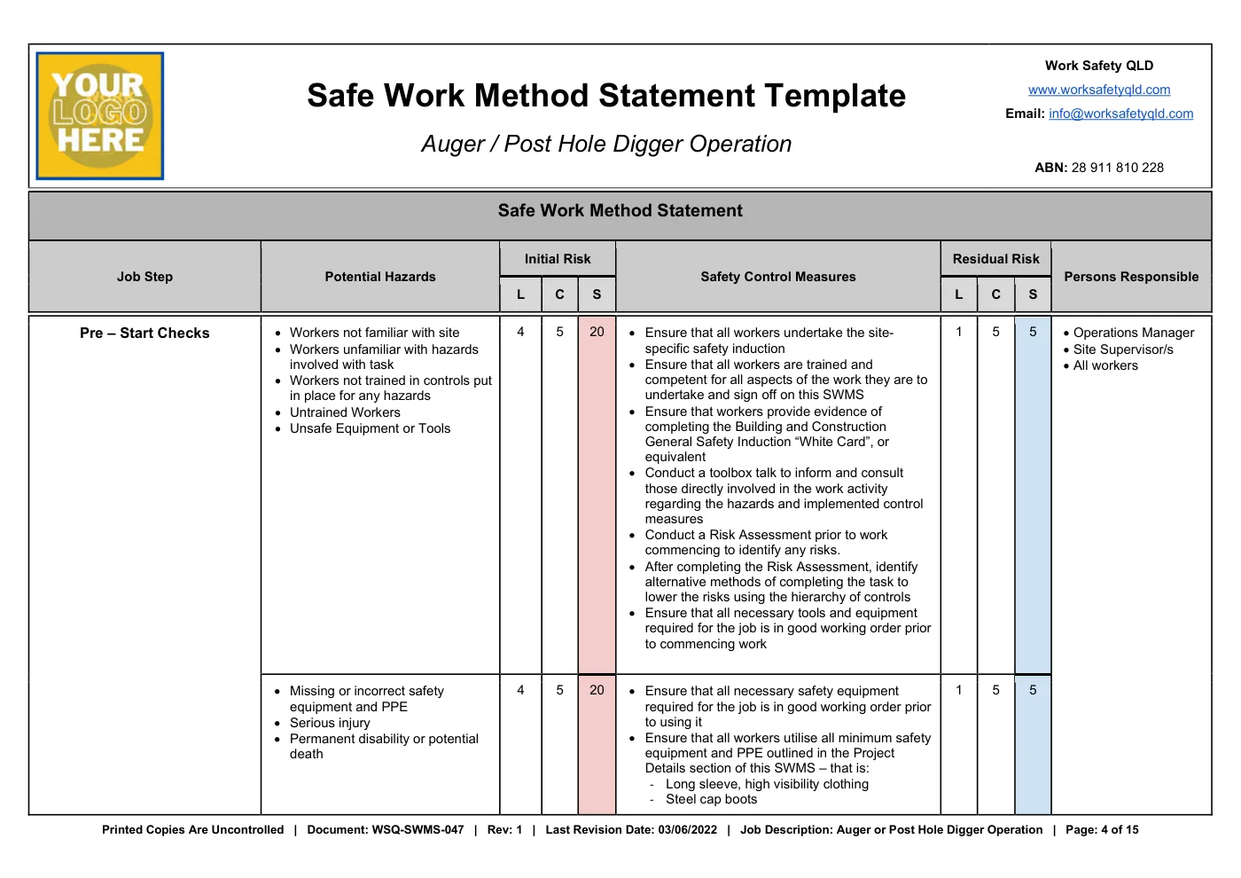 Safe Operation of Auger or Post Hole Digger SWMS: sample page 4