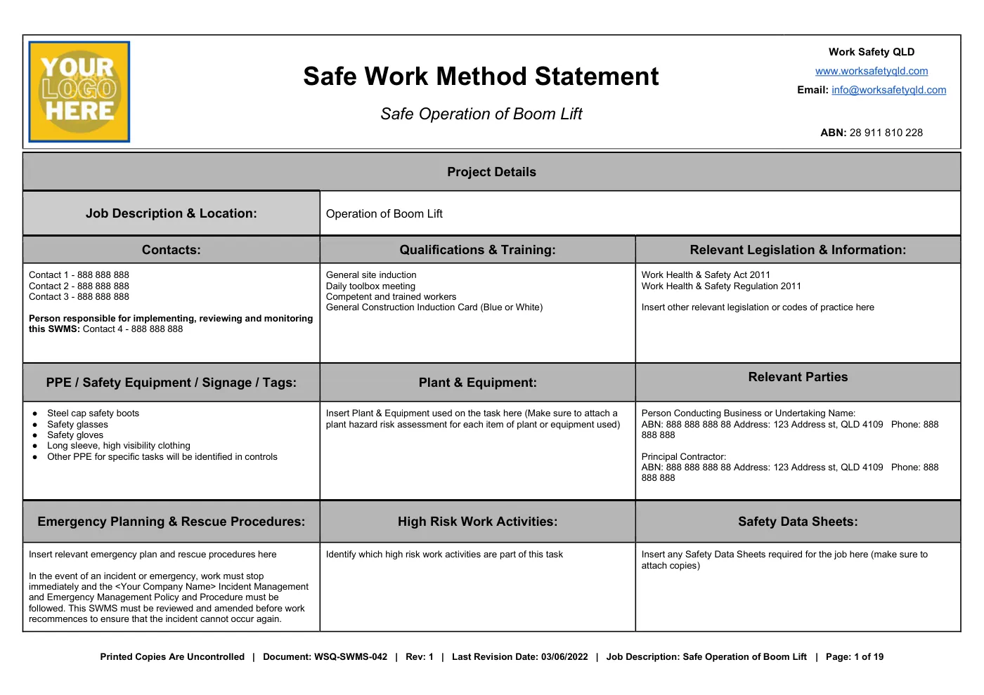 Boom Lift SWMS: sample page 1