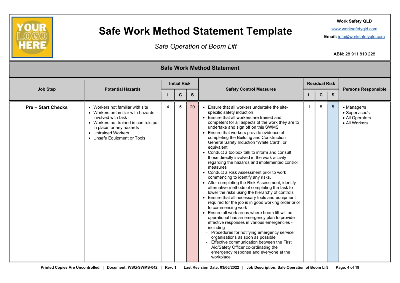 Boom Lift SWMS: sample page 4