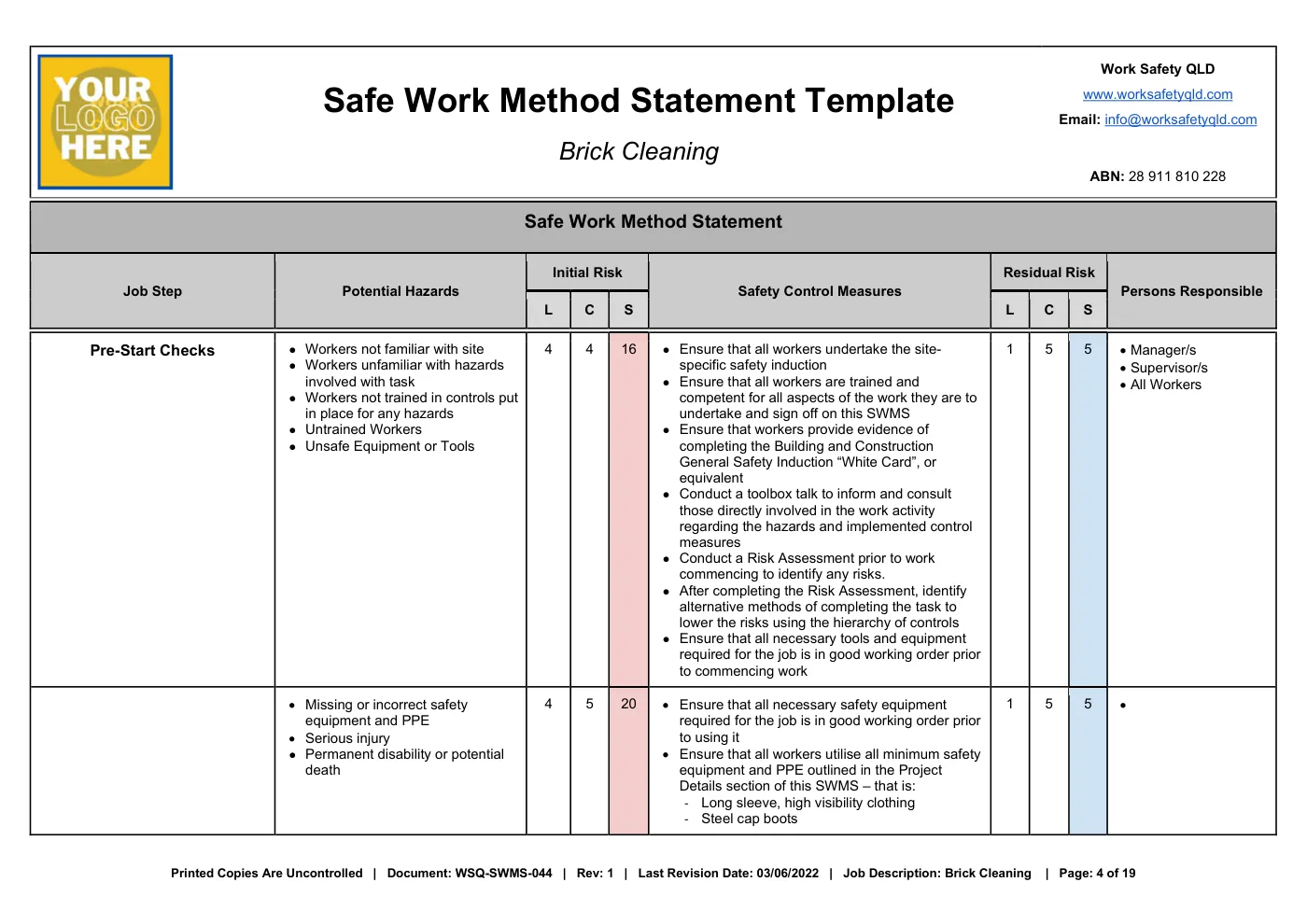 Brick Cleaning SWMS: sample page 4