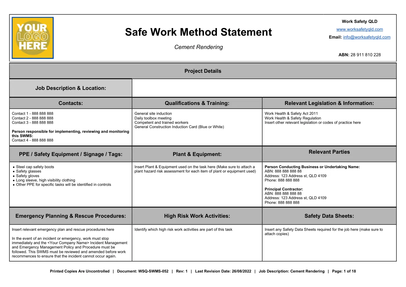 Cement Rendering SWMS: sample page 1
