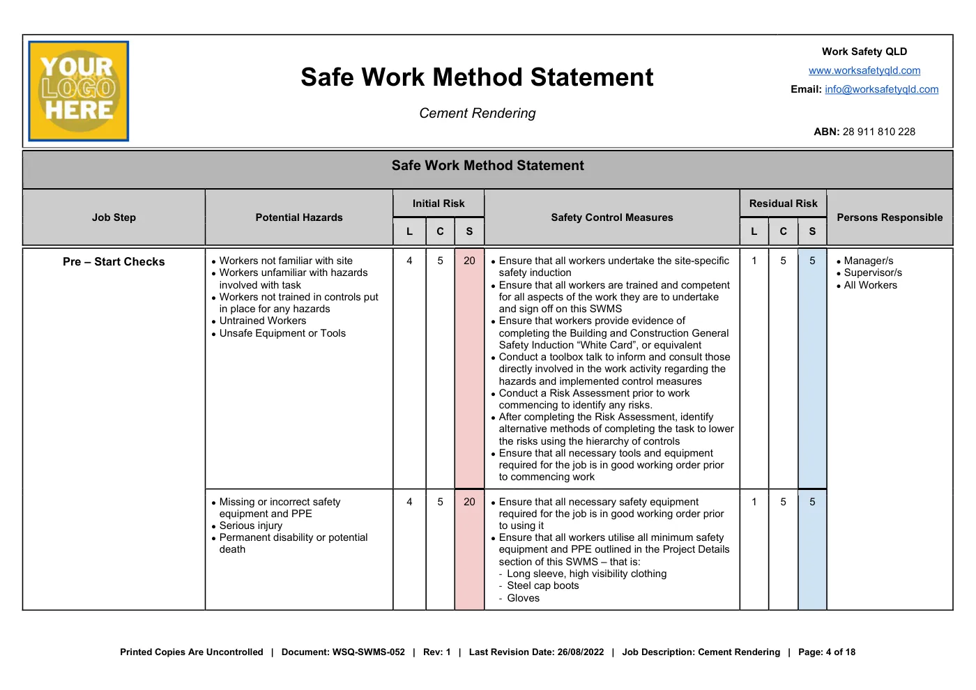 Cement Rendering SWMS: sample page 4
