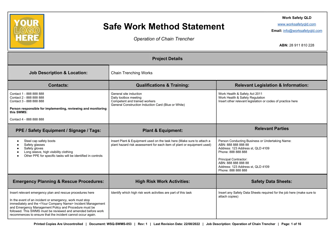 Chain Trencher SWMS: sample page 1