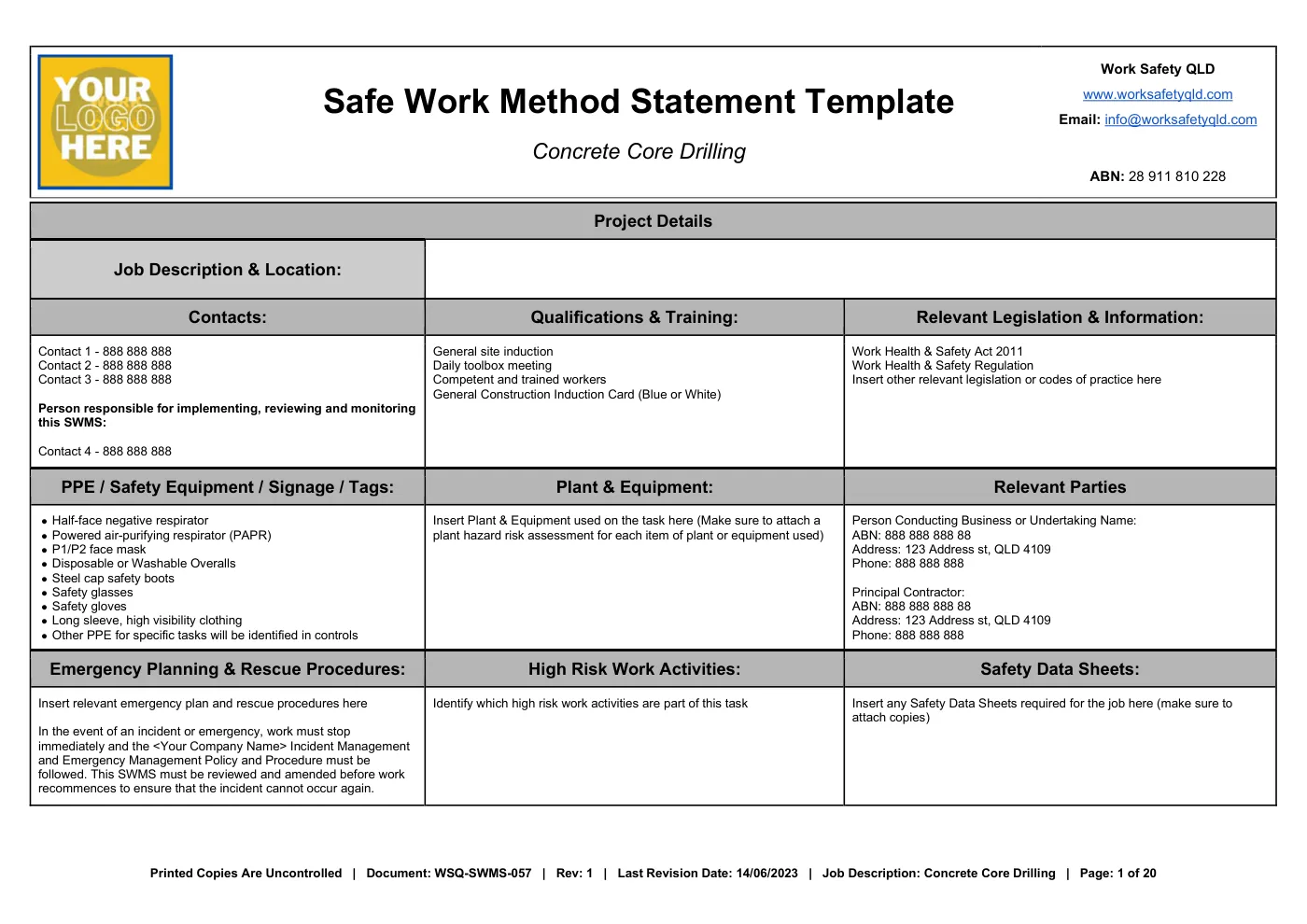 Concrete Core Drilling SWMS Template: sample page 1