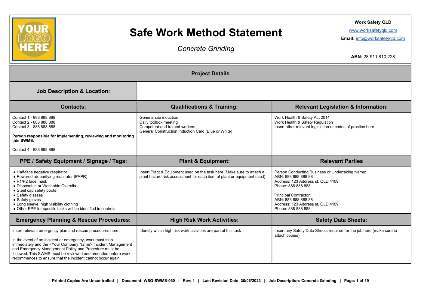 Concrete Grinder SWMS Template: sample page 1