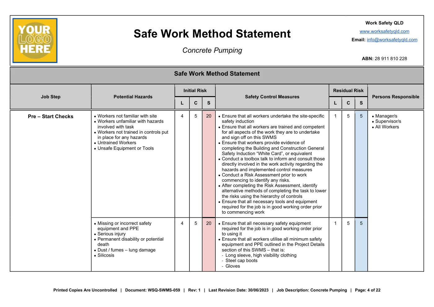 Concrete Pumping SWMS Template: sample page 4