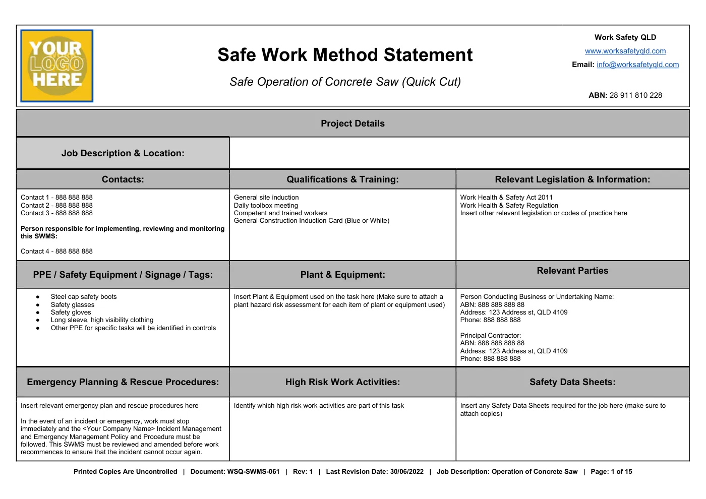 Concrete Saw SWMS: sample page 1
