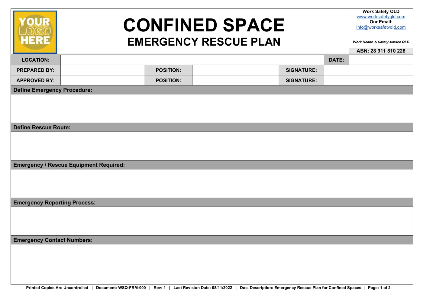 Confined Space Emergency Rescue Plan Template: sample page 1