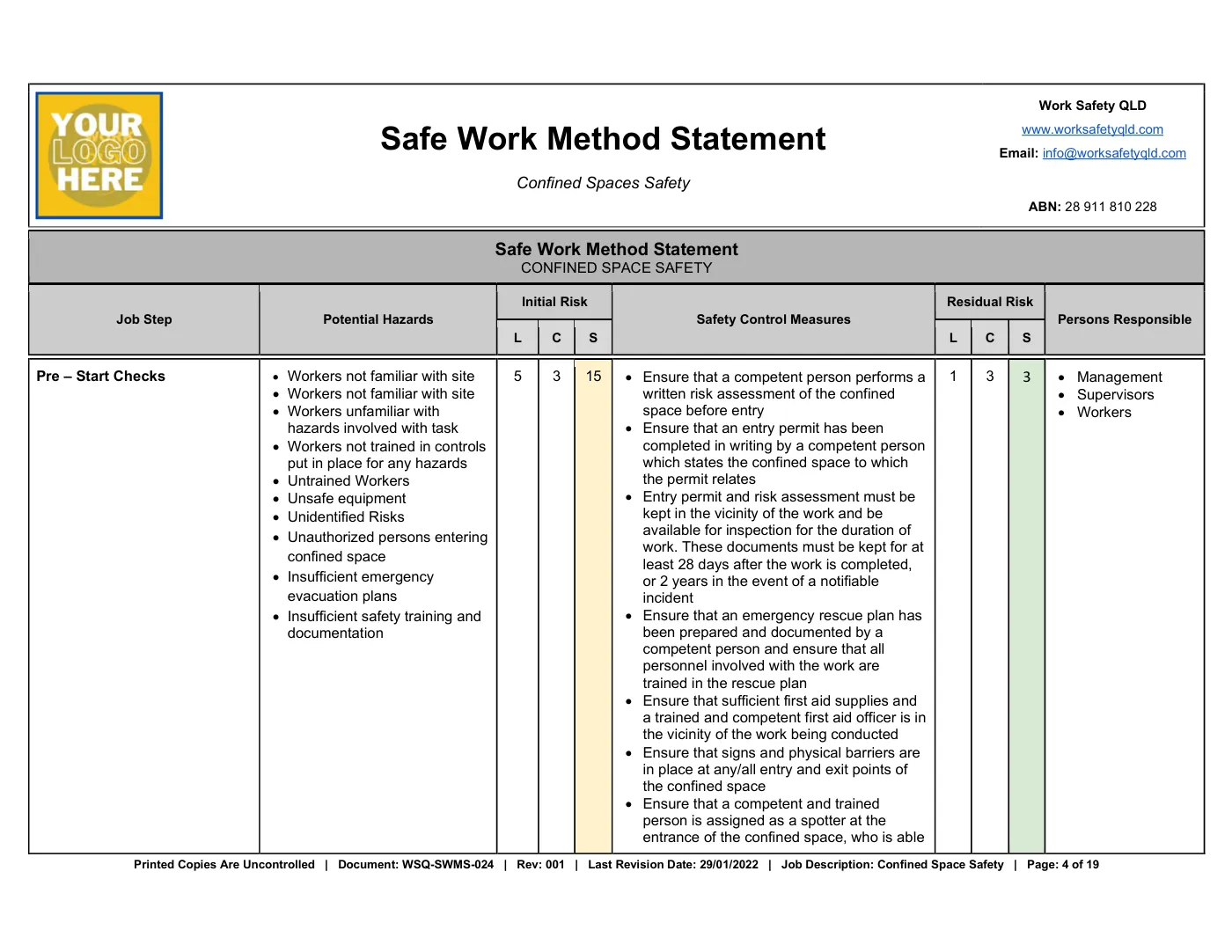 Confined Spaces SWMS: sample page 4