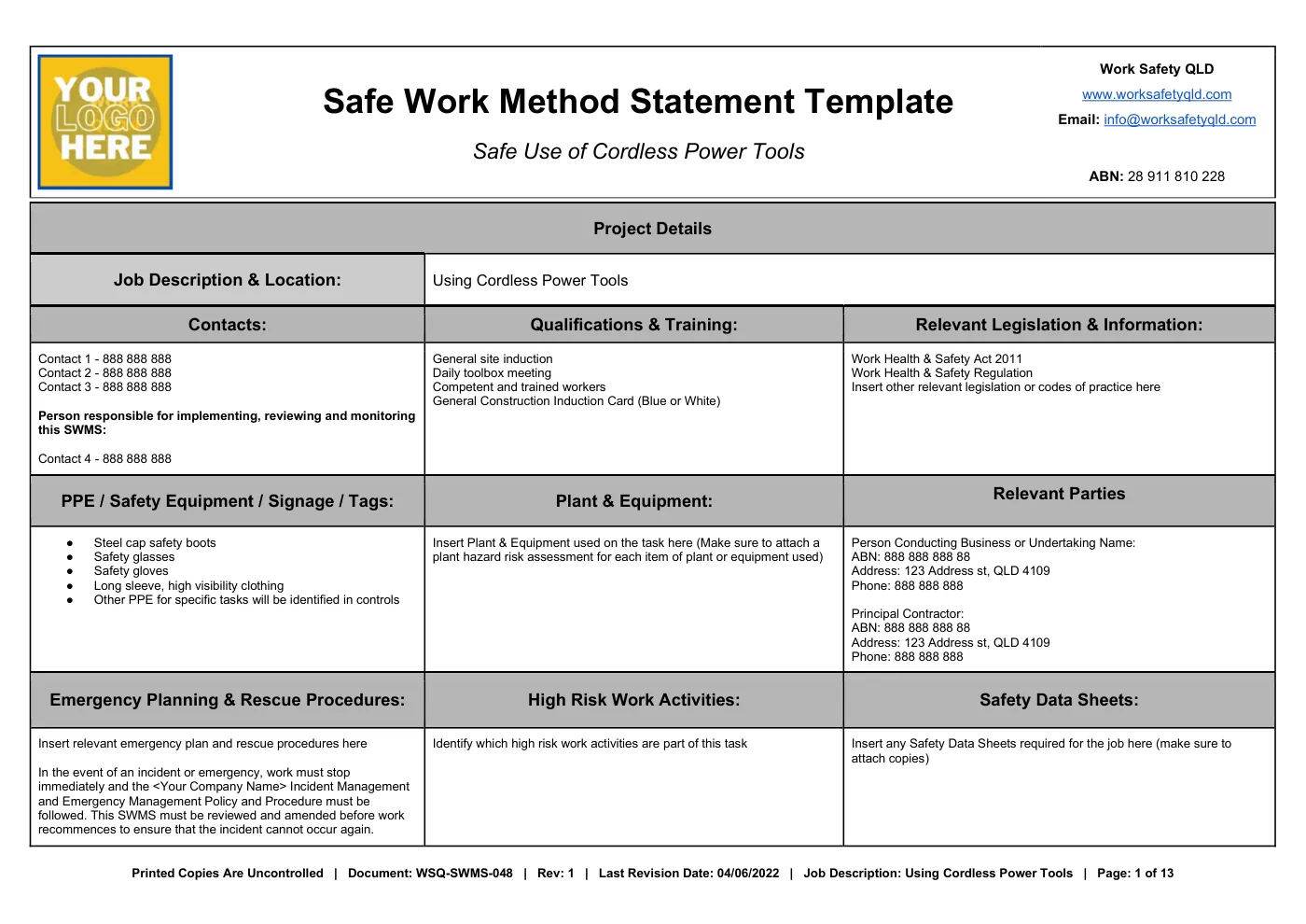 Cordless Power Tools SWMS: sample page 1