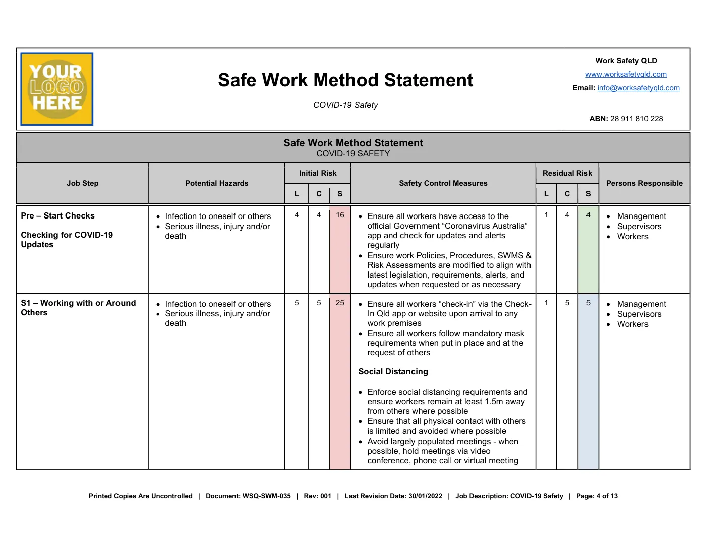 COVID-19 SWMS: sample page 4