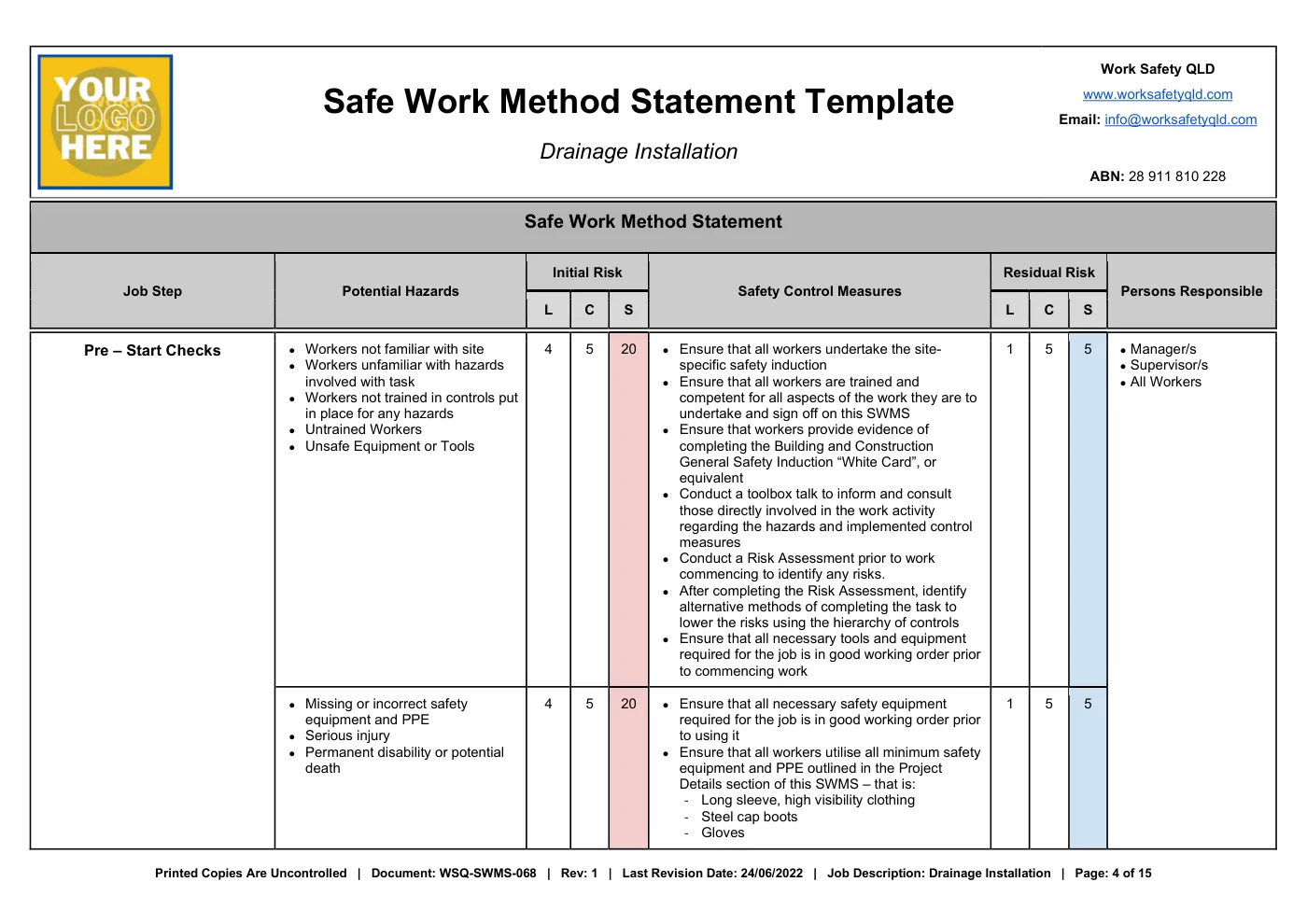 Drainage Installation SWMS: sample page 4