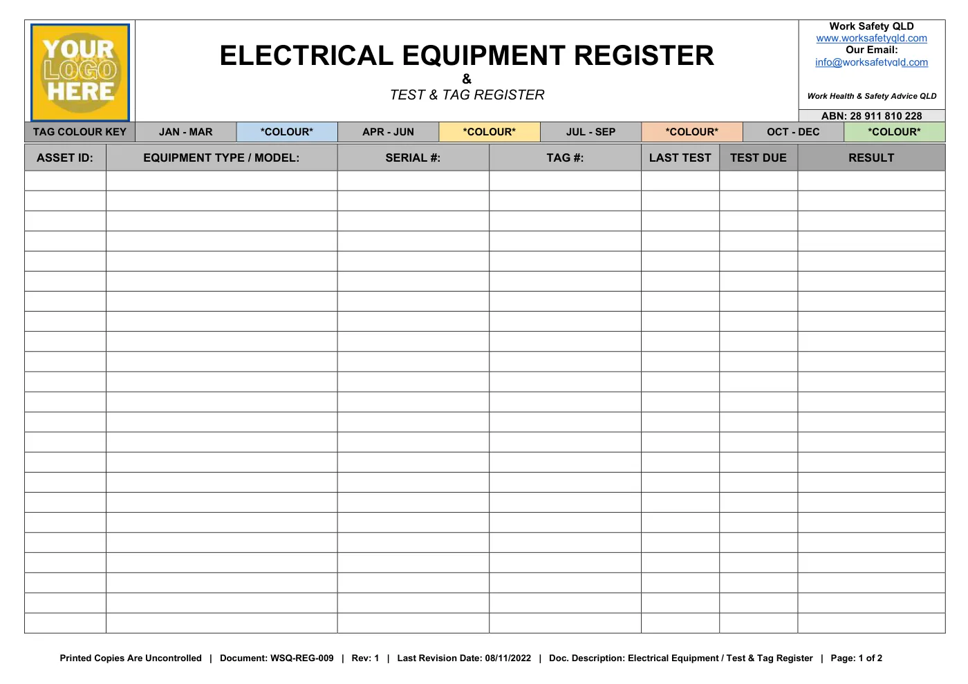 Electrical Equipment Register: sample page 1