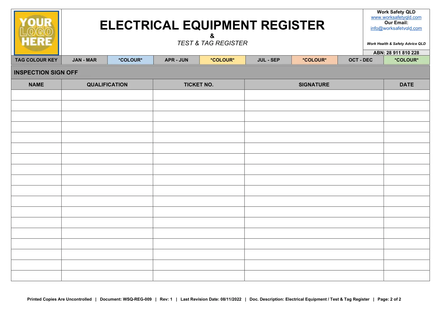 Electrical Equipment Register: sample page 2