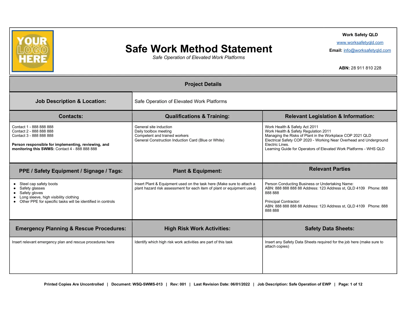 Elevated Work Platform SWMS: sample page 1