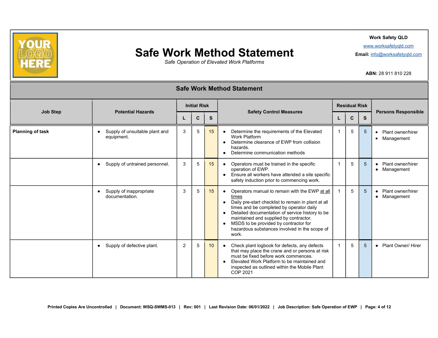Elevated Work Platform SWMS: sample page 4