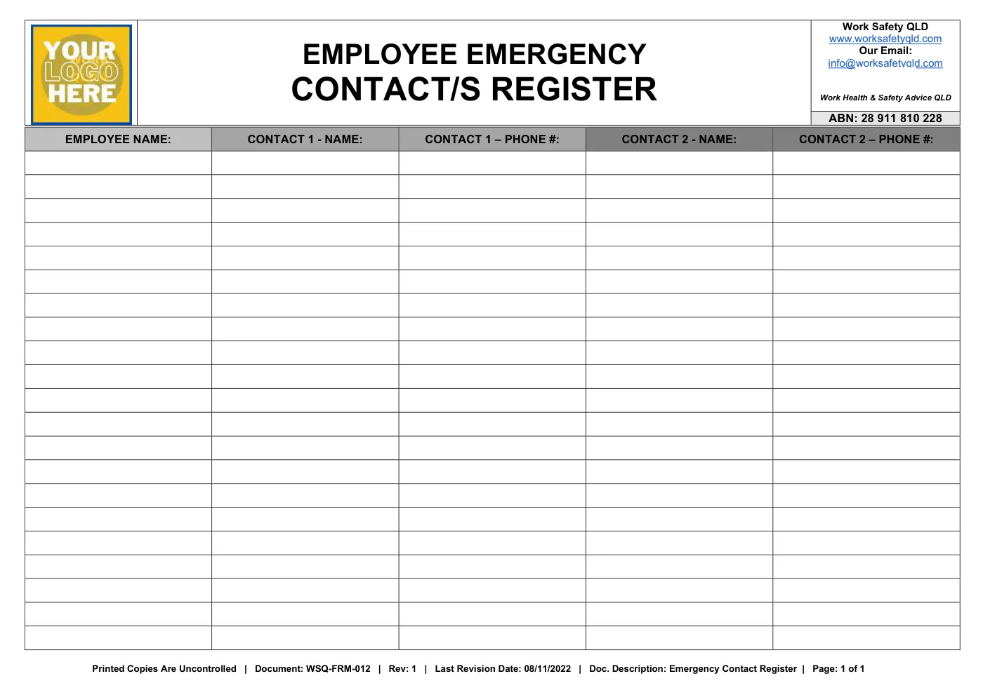 Employee Emergency Contact Register Template: sample page 1