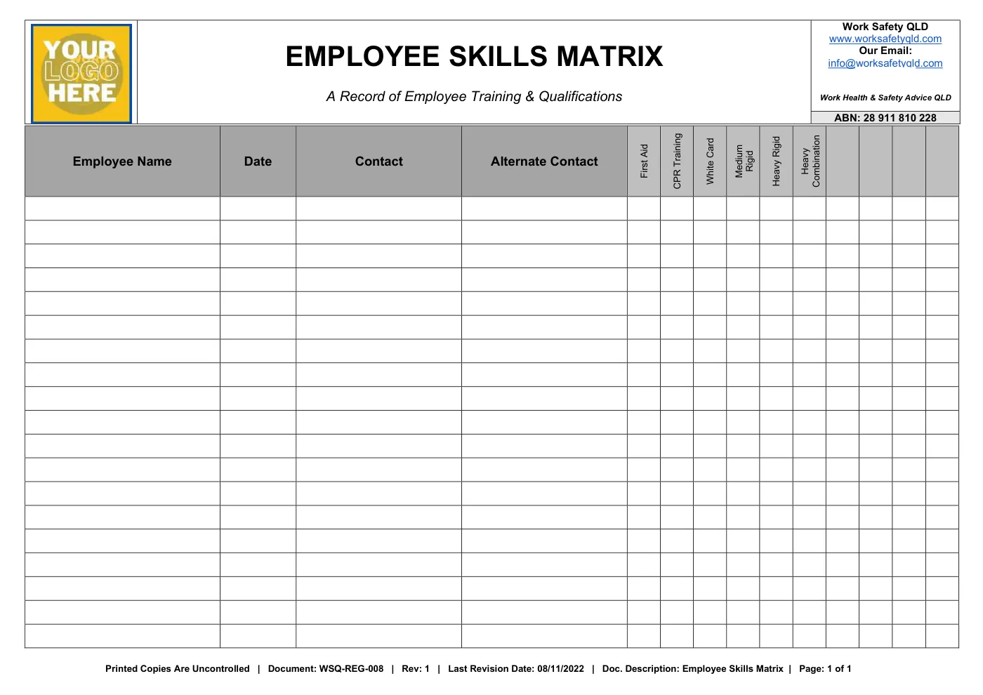 Employee Skills Matrix: sample page 1