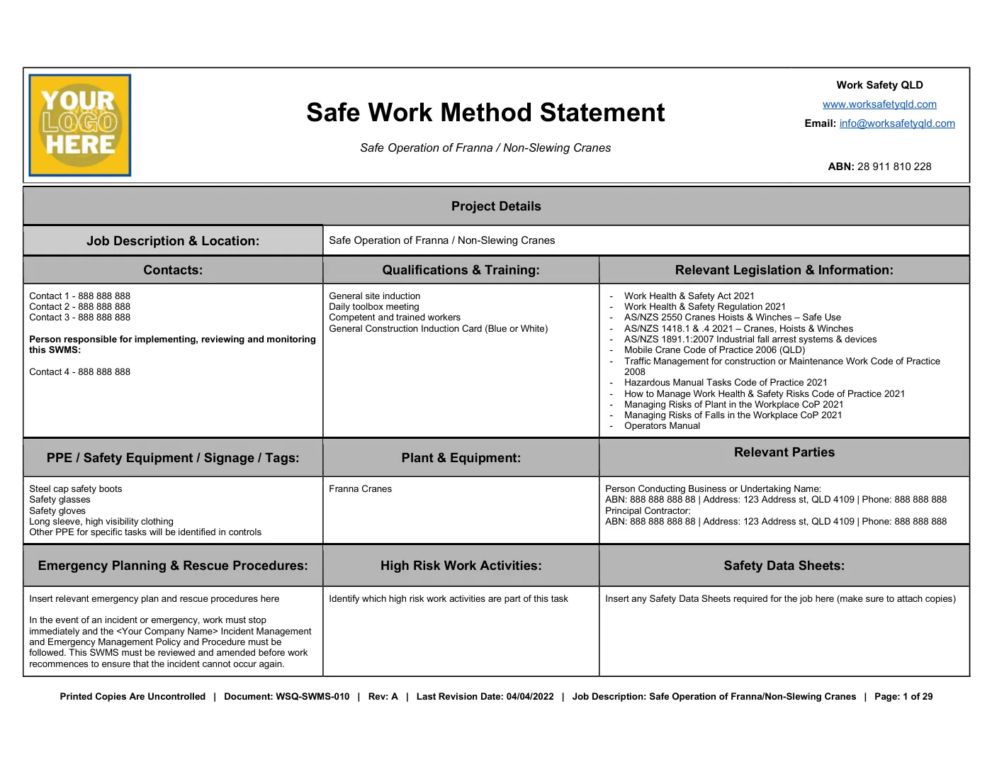 Franna Crane SWMS (Non-Slewing Crane): sample page 1