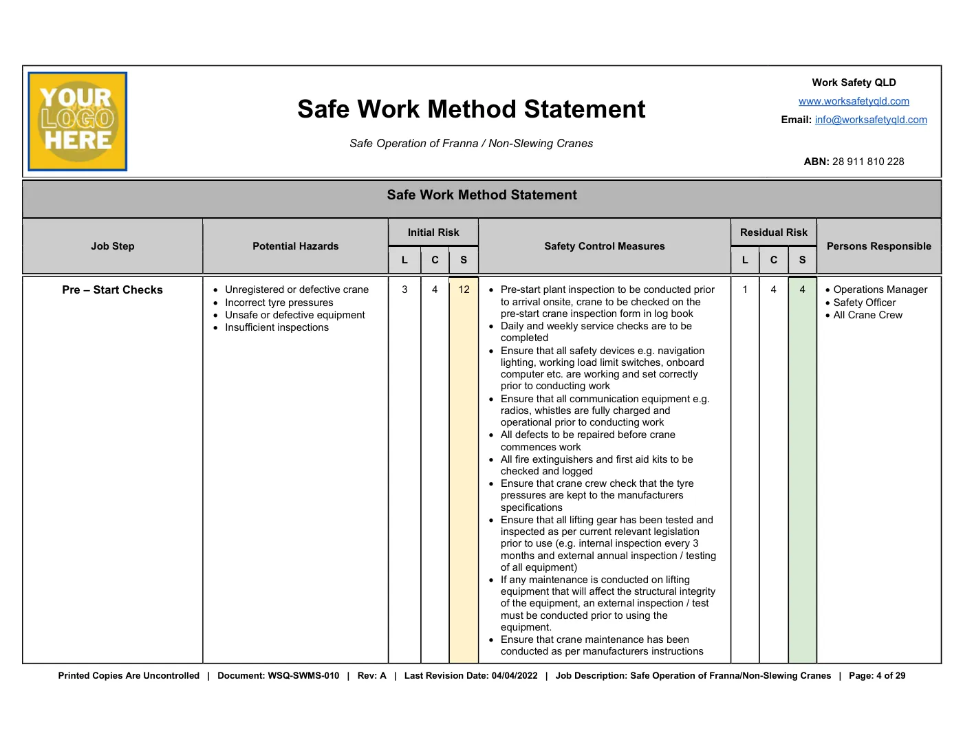 Franna Crane SWMS (Non-Slewing Crane): sample page 4