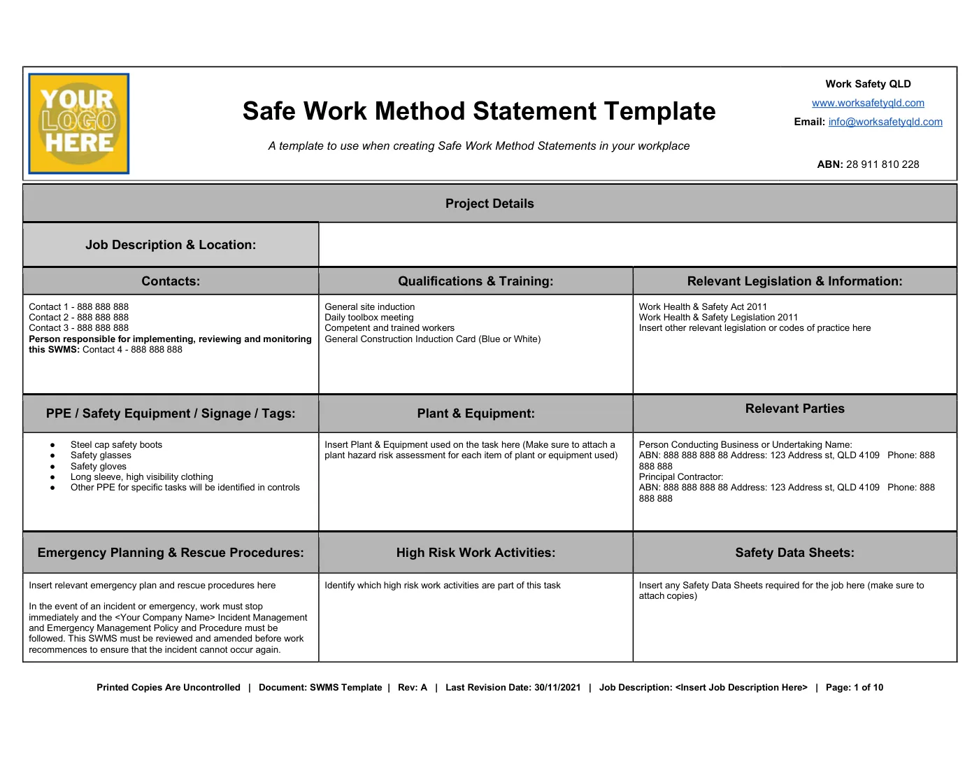 Free SWMS Template for Queensland: sample page 1