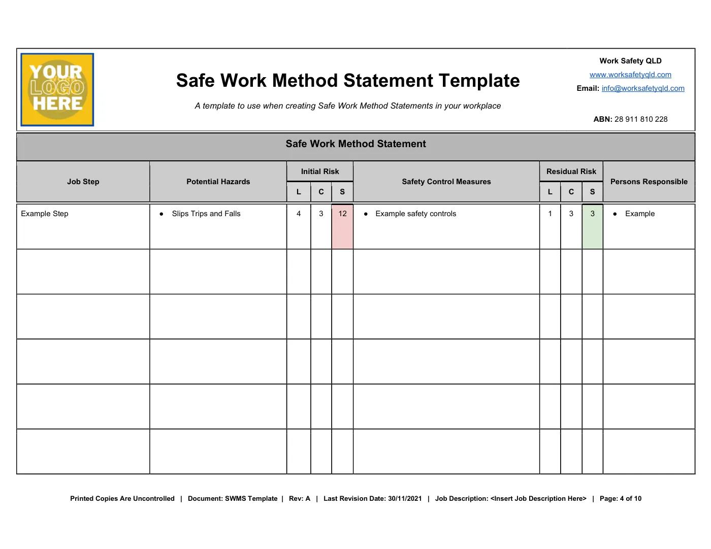 Free SWMS Template for Queensland: sample page 4