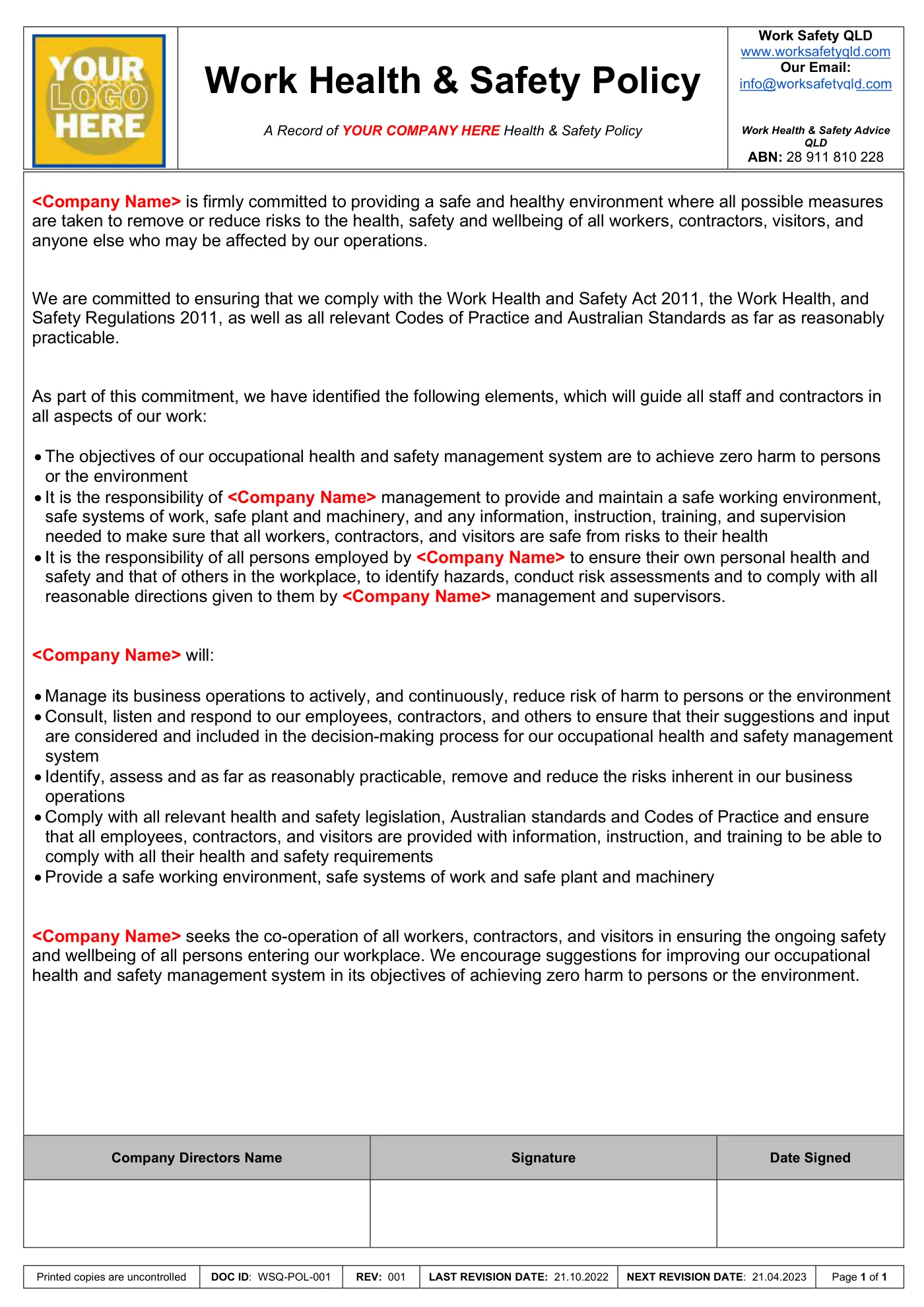 Free Work Health & Safety Policy Template: sample page 1