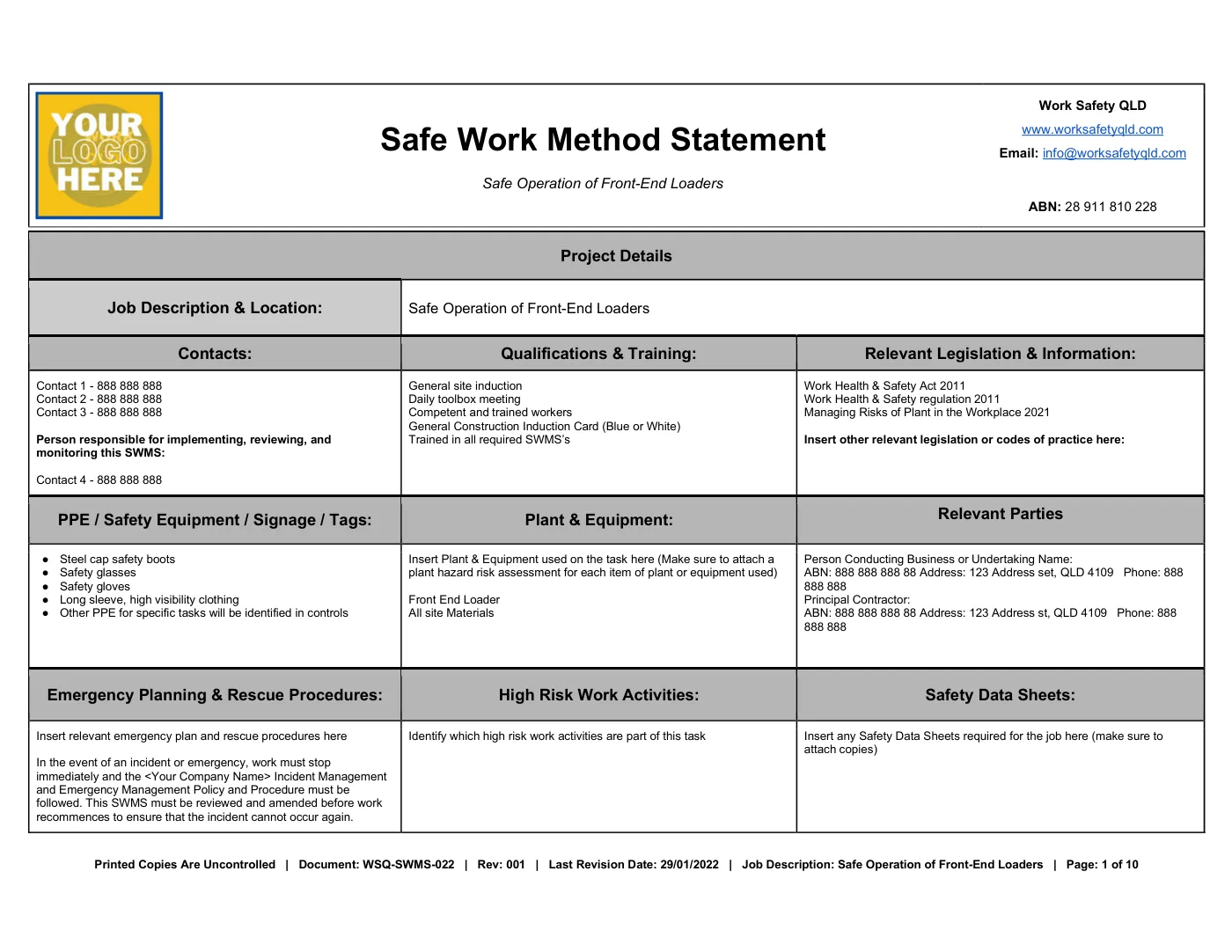 Front-End Loader SWMS: sample page 1