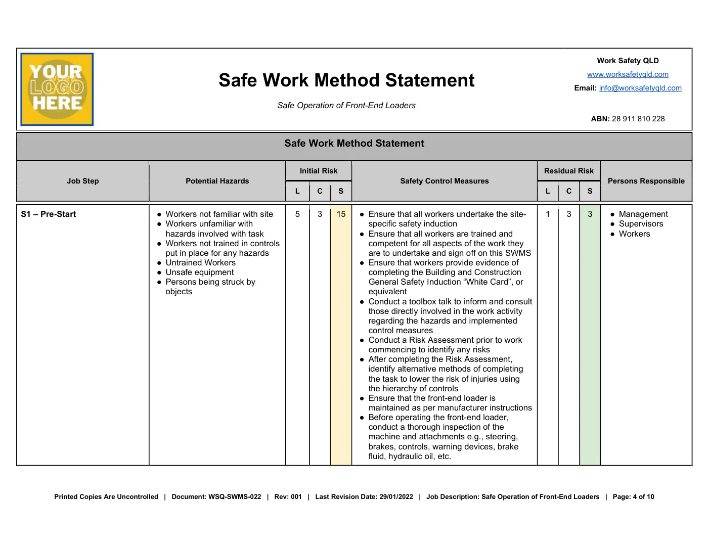 Front-End Loader SWMS: sample page 4