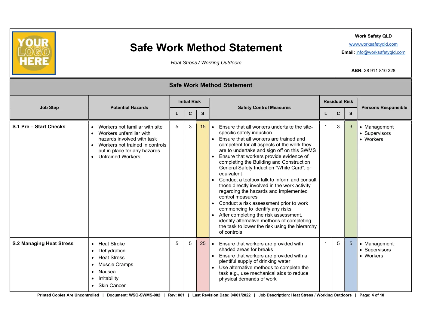 Heat Stress & Working Outdoors SWMS: sample page 4