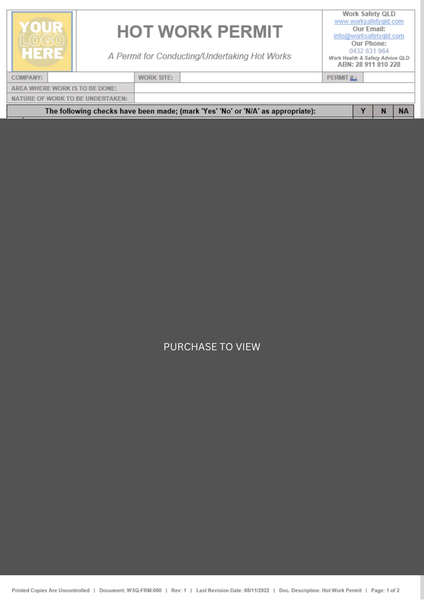 Hot Work Permit Template: sample page 1