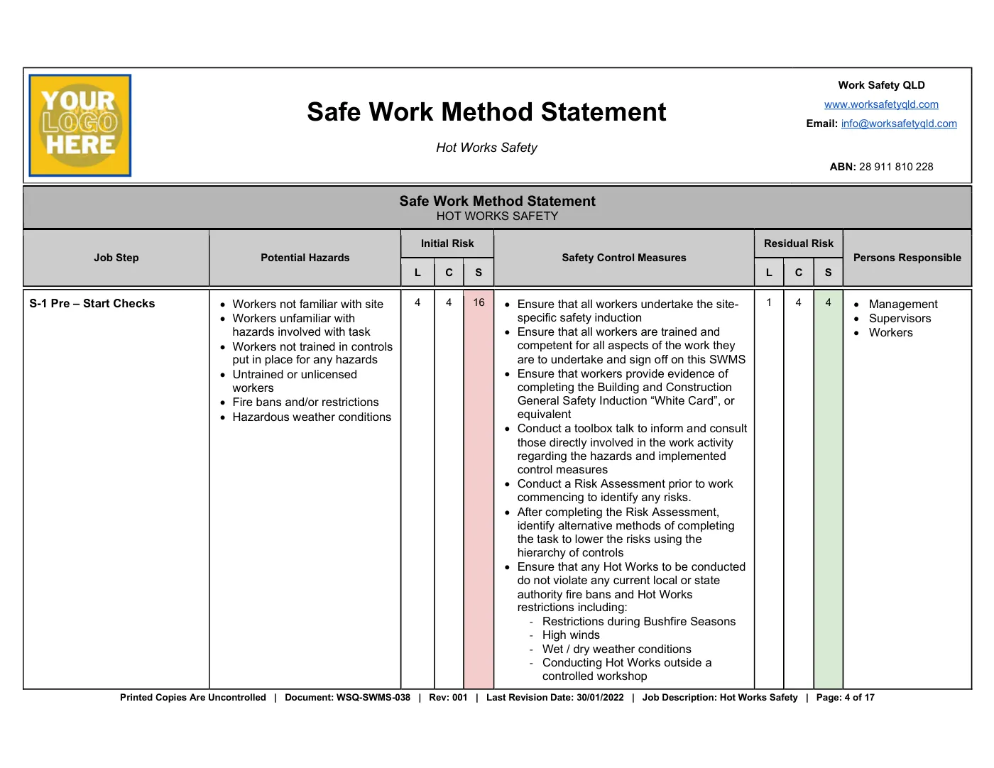 Hot Works SWMS: sample page 4