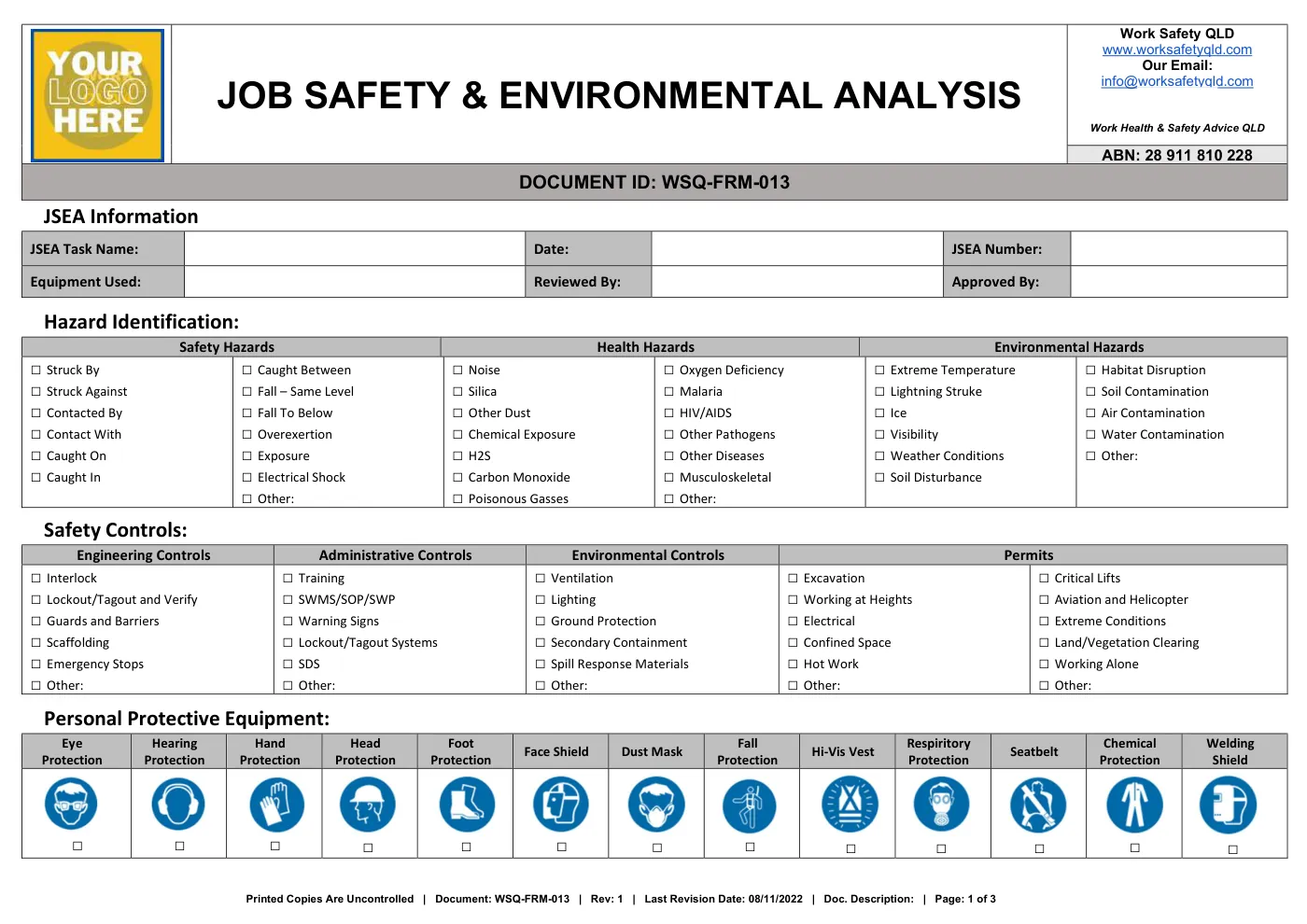 JSEA Form (Job Safety & Environmental Analysis) Template: sample page 1