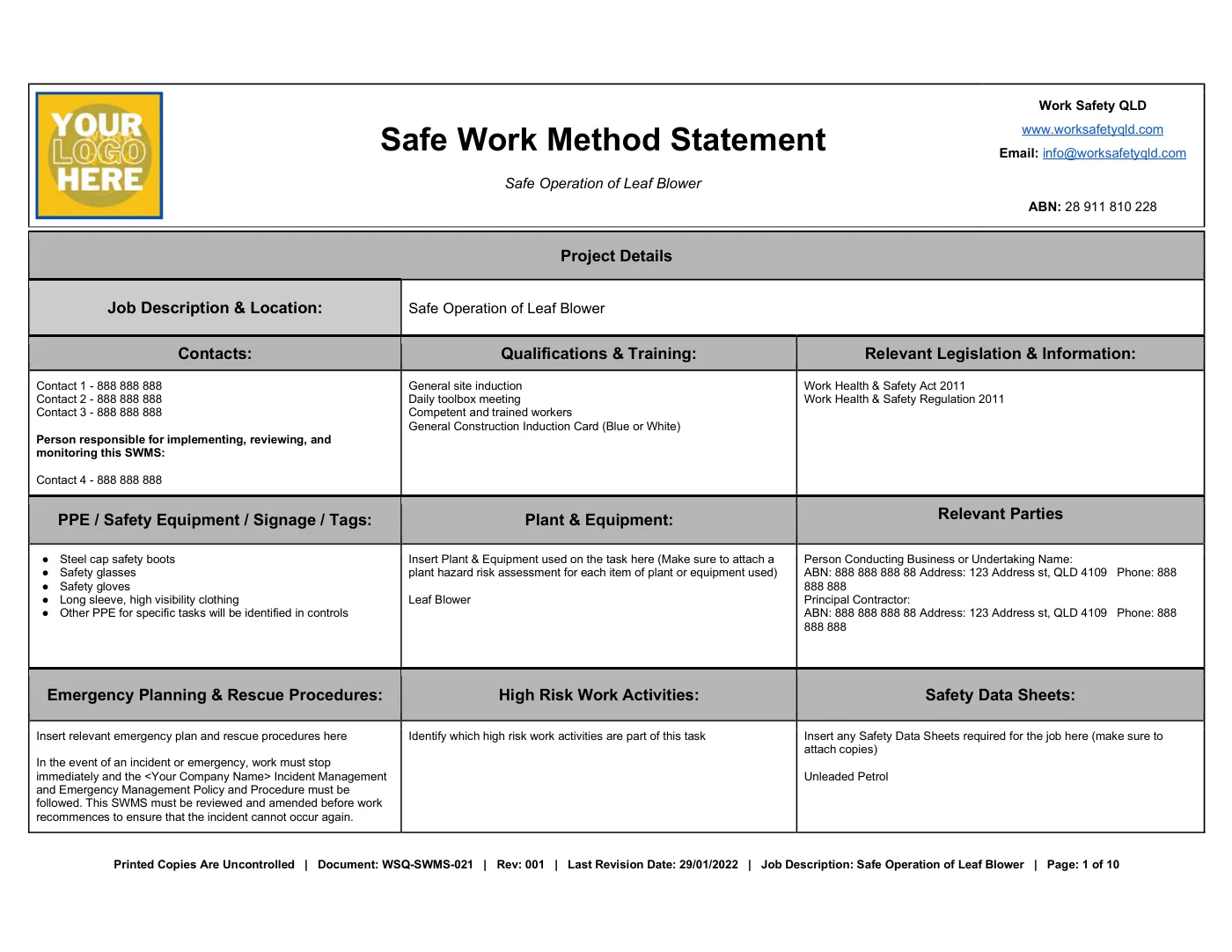 Leaf Blower SWMS: sample page 1