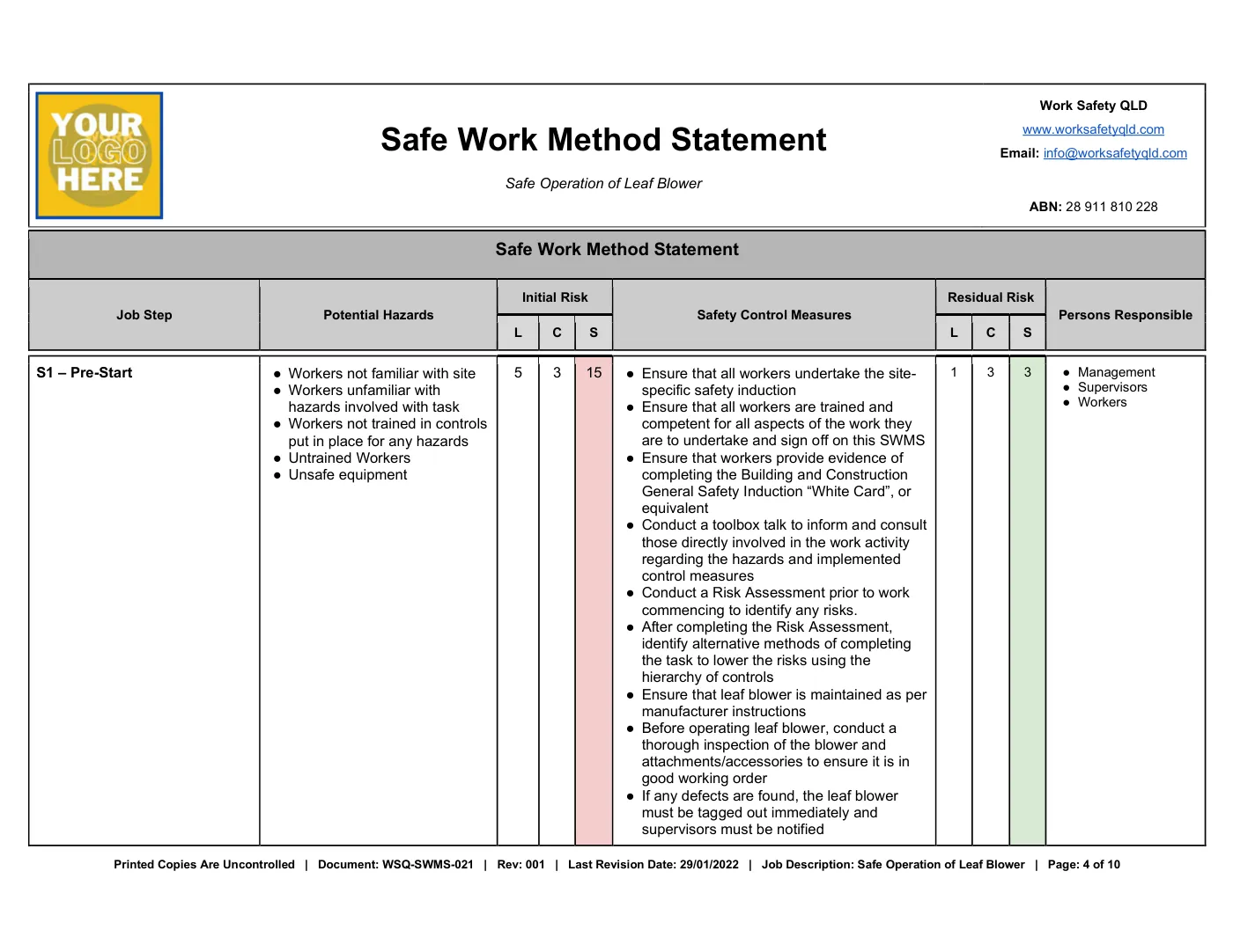 Leaf Blower SWMS: sample page 4