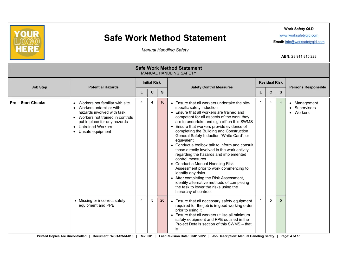 Manual Handling SWMS: sample page 4