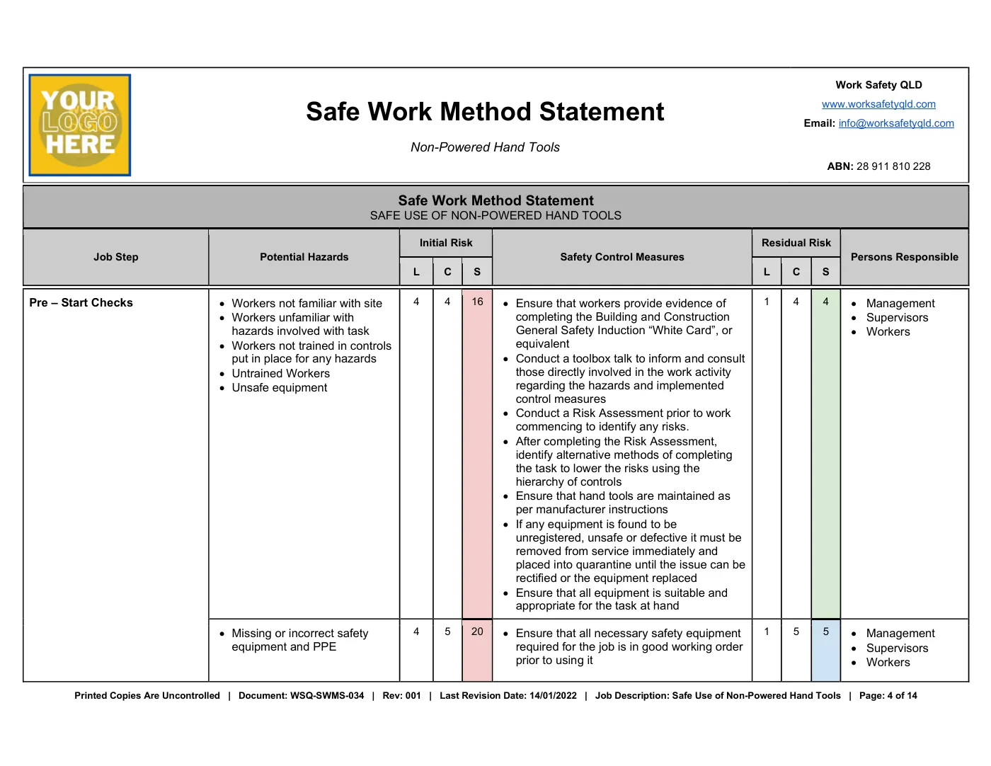 Non-Powered Hand Tools SWMS: sample page 4