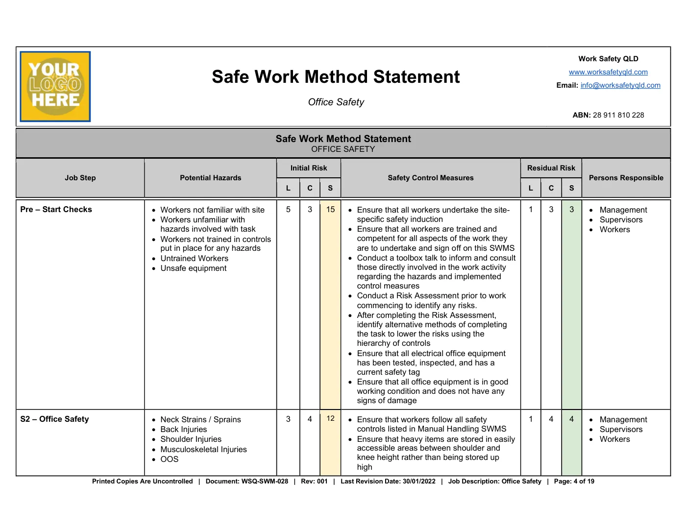 Office Safety SWMS: sample page 4