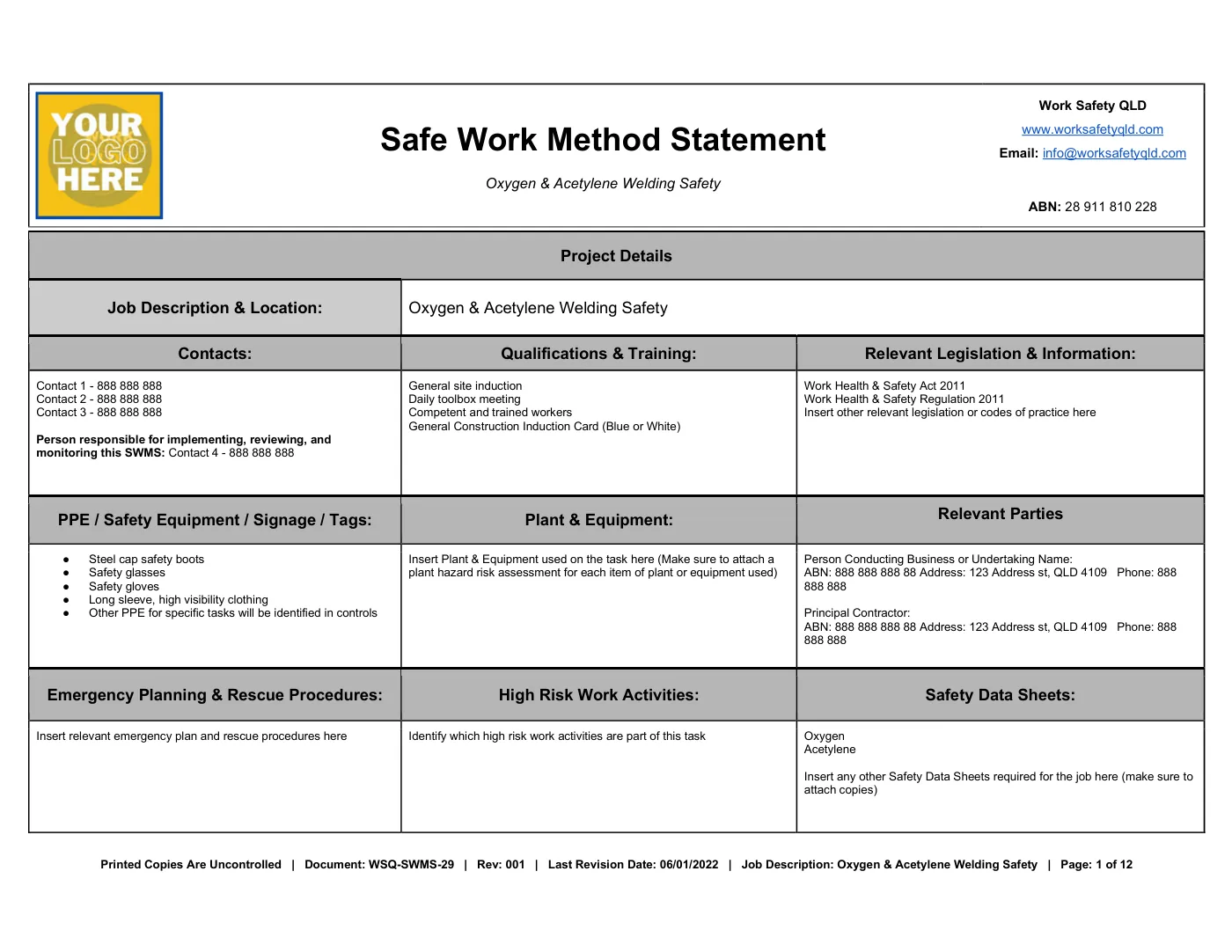 Oxygen & Acetylene Welding SWMS: sample page 1