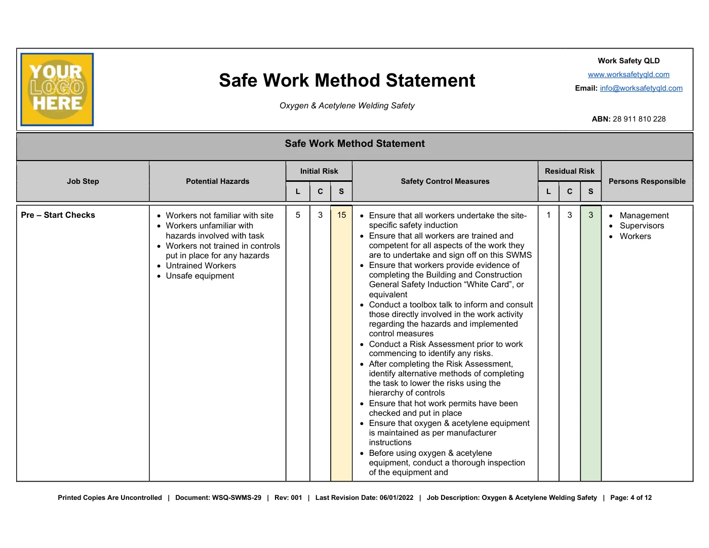 Oxygen & Acetylene Welding SWMS: sample page 4