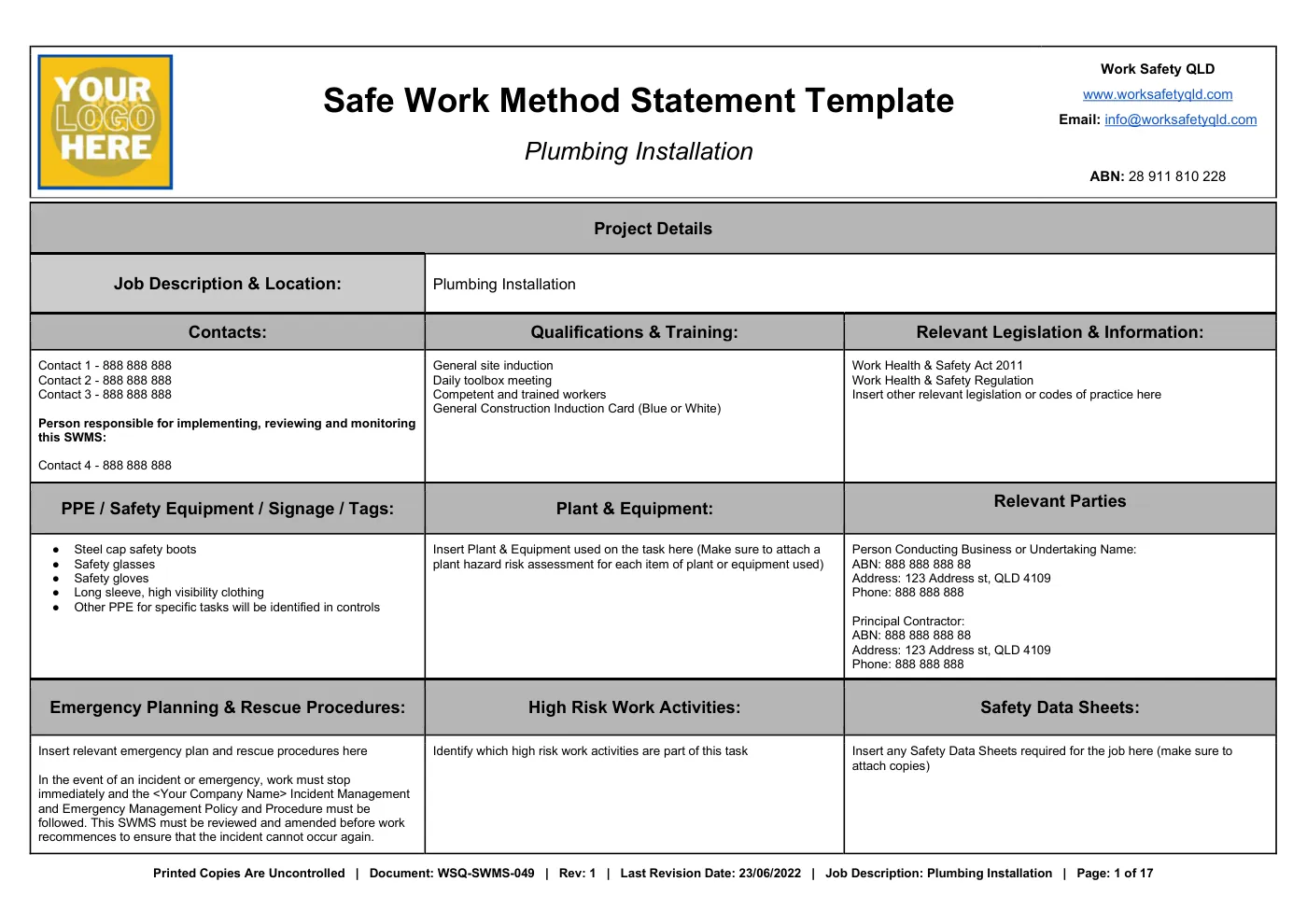 Plumbing Installation SWMS: sample page 1