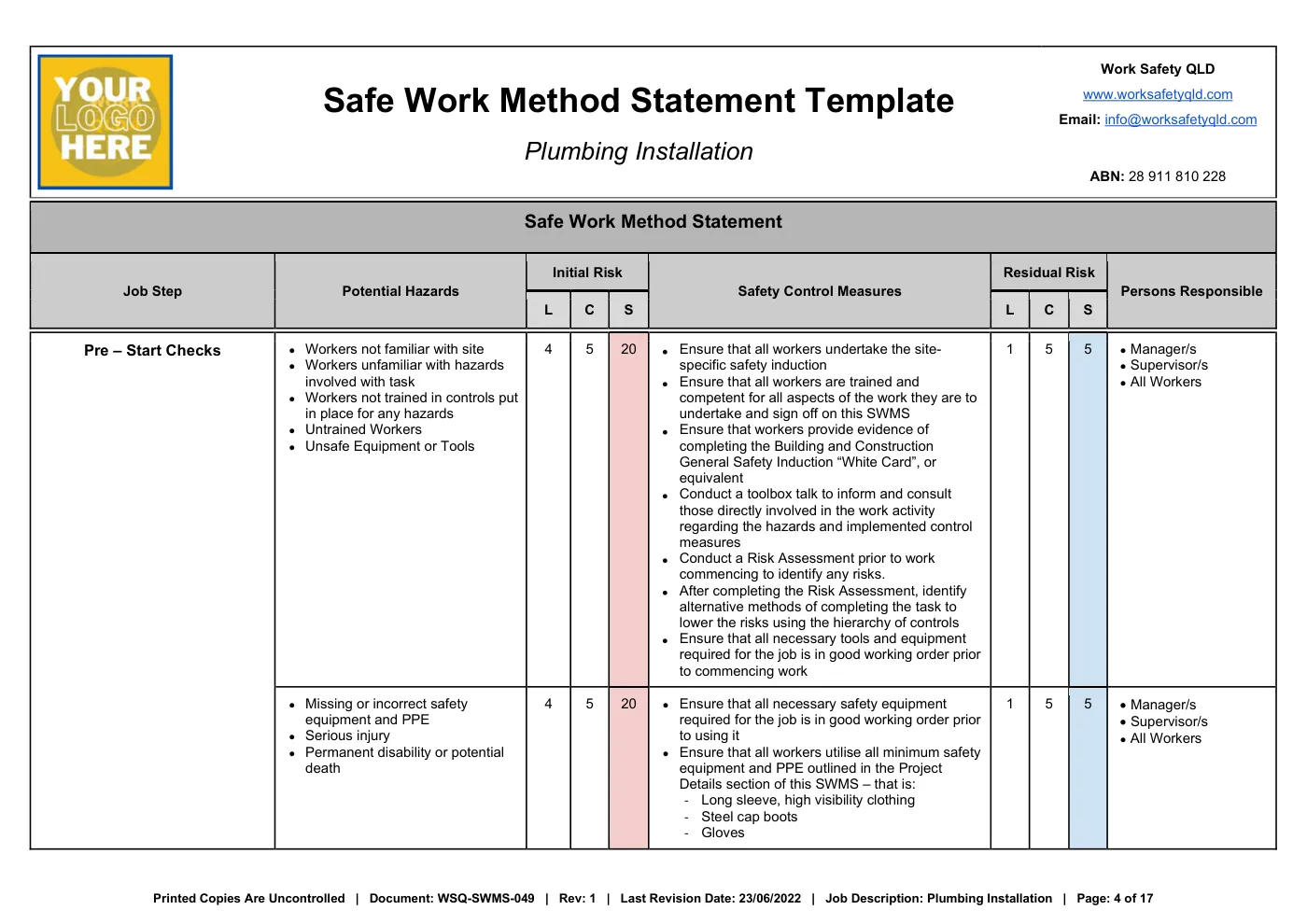 Plumbing Installation SWMS: sample page 4