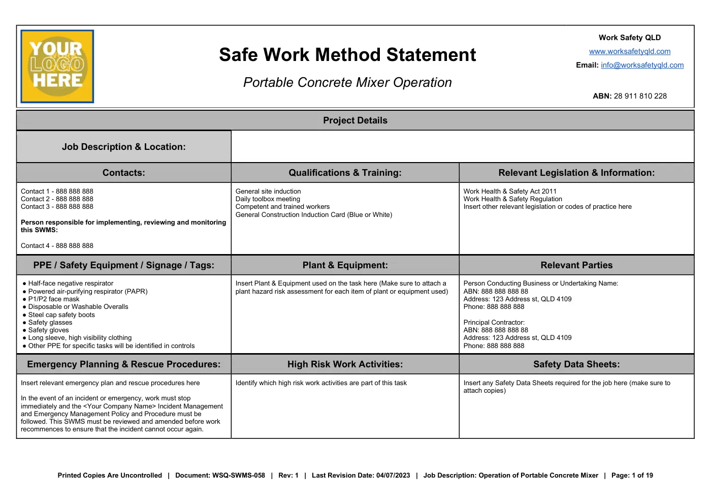 Portable Concrete Mixer SWMS Template: sample page 1
