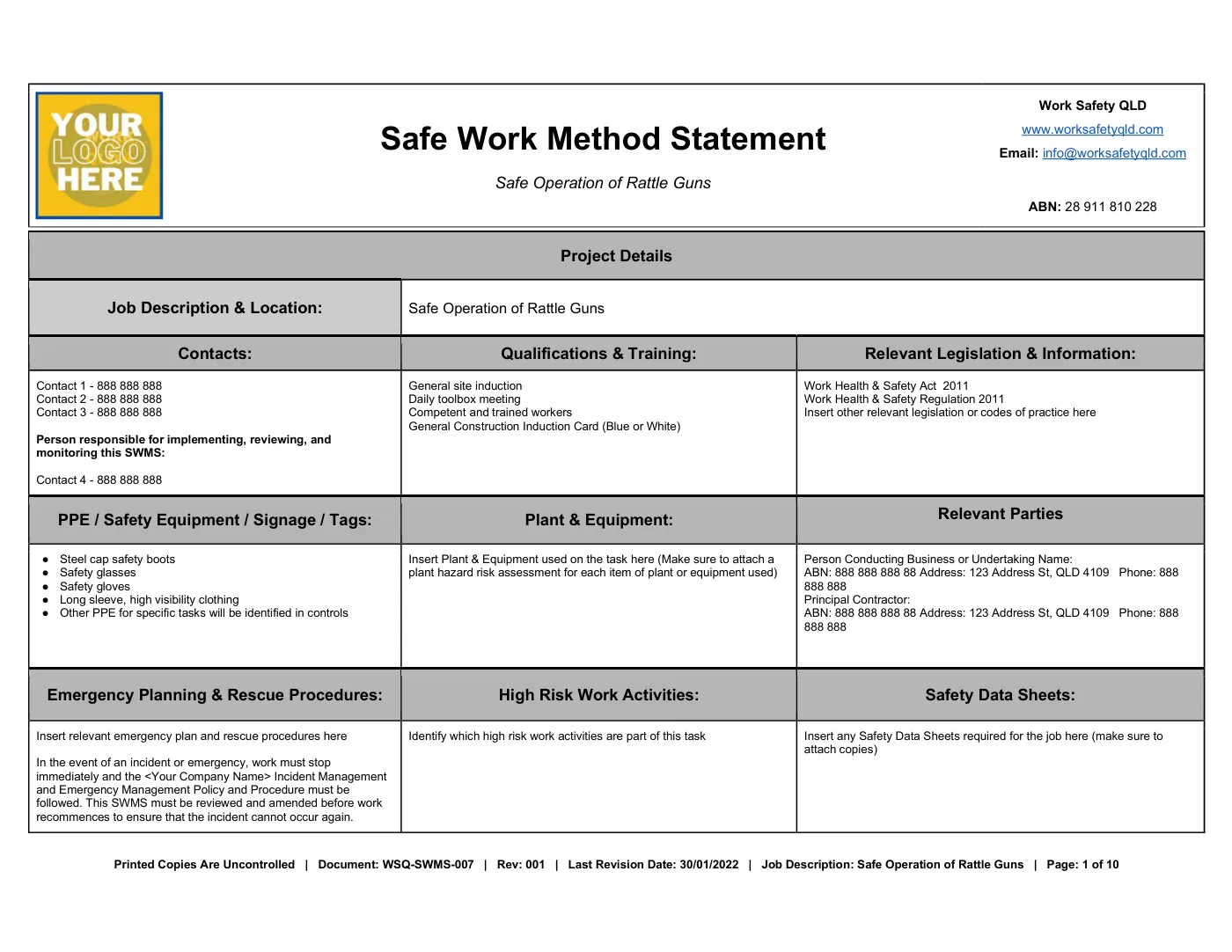 Rattle Gun SWMS: sample page 1