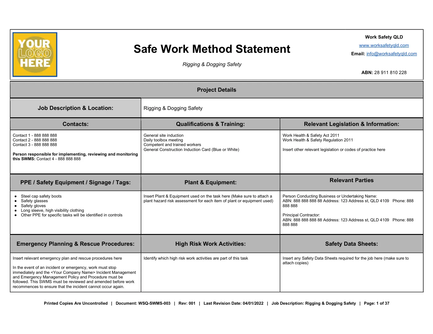 Rigging & Dogging SWMS: sample page 1